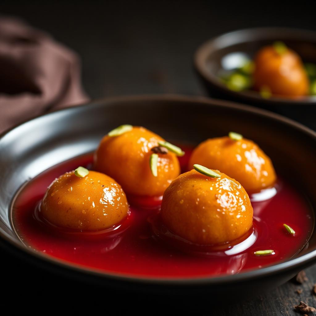 Gulab jamun in rose syrup with pistachio