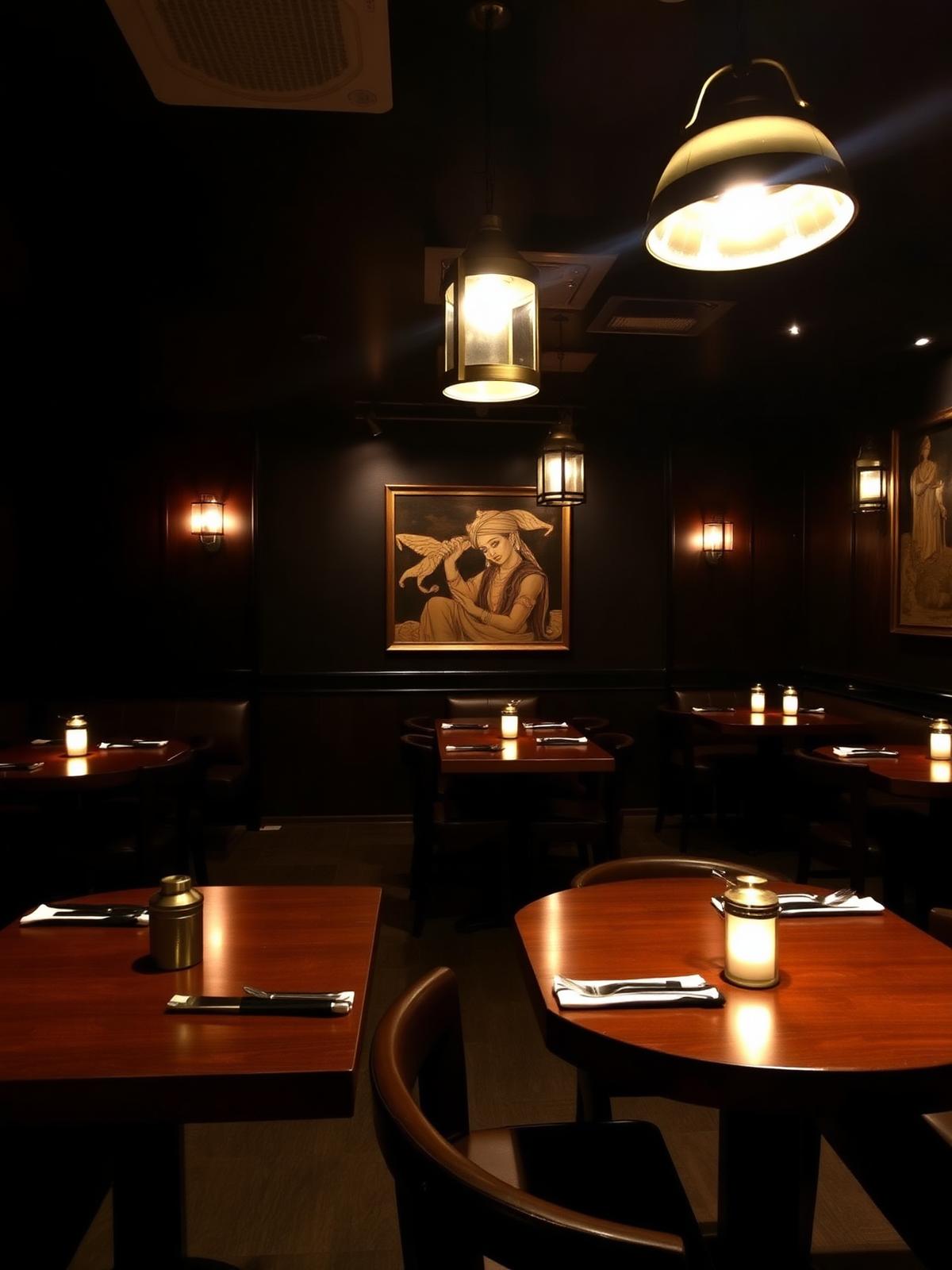 Warm dim interior of Indian Mehak restaurant with traditional decor