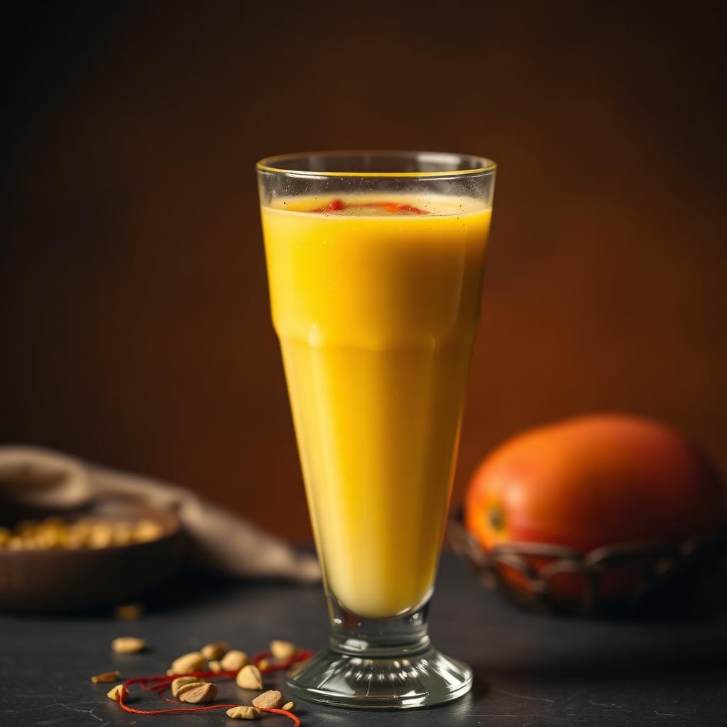 Tall glass of mango lassi with saffron and pistachio