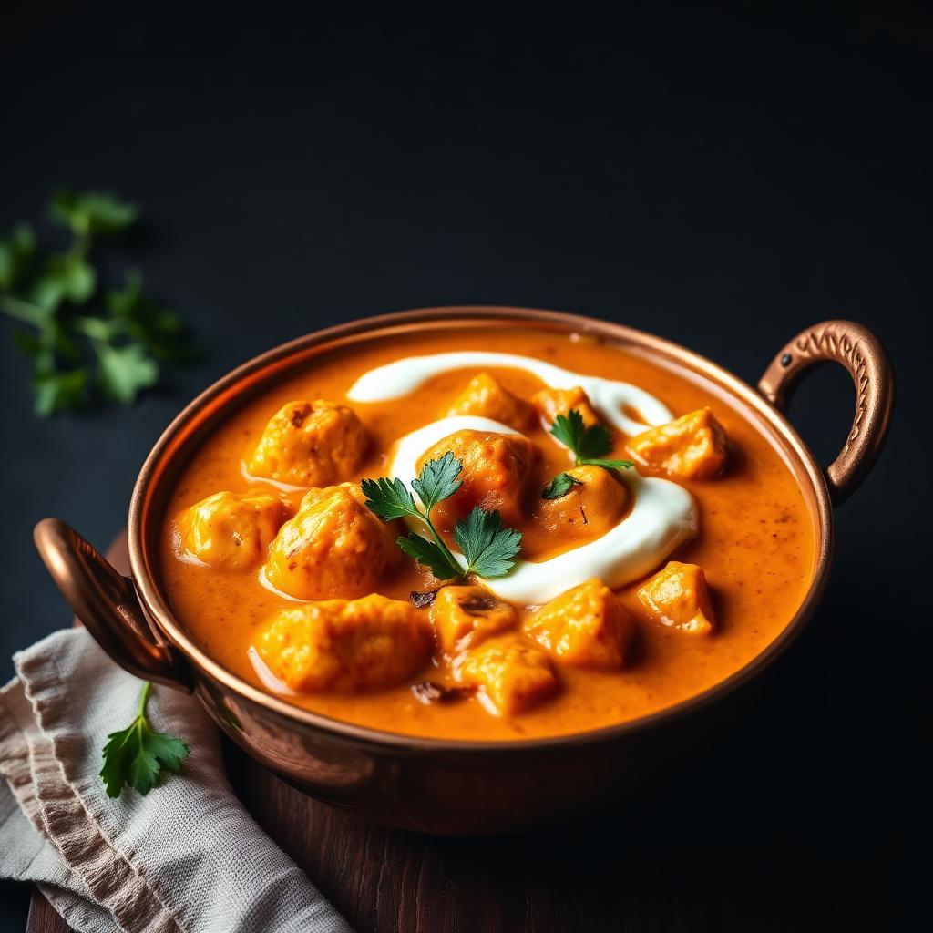 Paneer butter masala in a copper bowl
