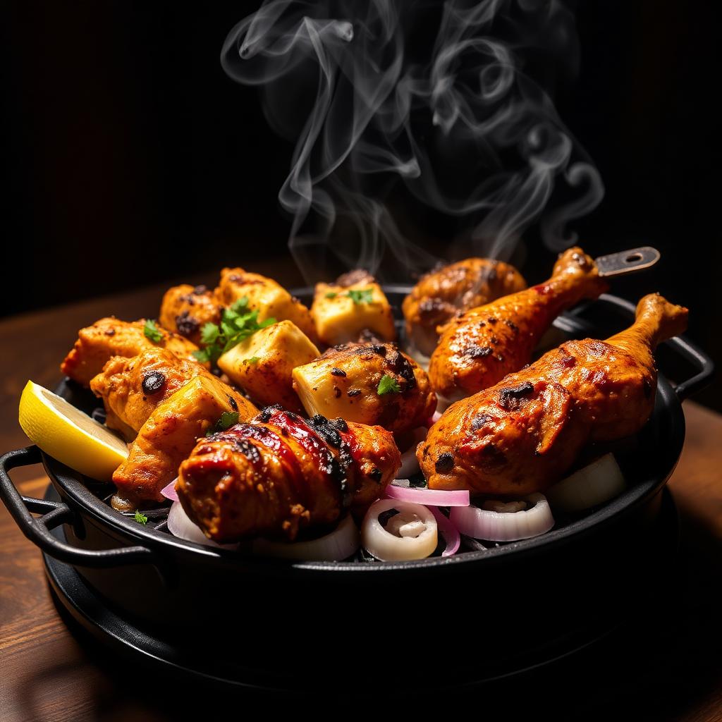 Sizzling tandoori mixed grill platter with chicken and paneer tikka