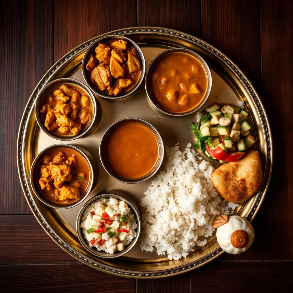 Traditional Indian thali platter with curries, rice and naan