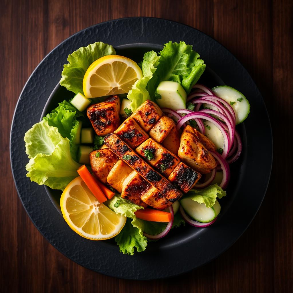 Chicken tikka salad bowl with greens and lemon